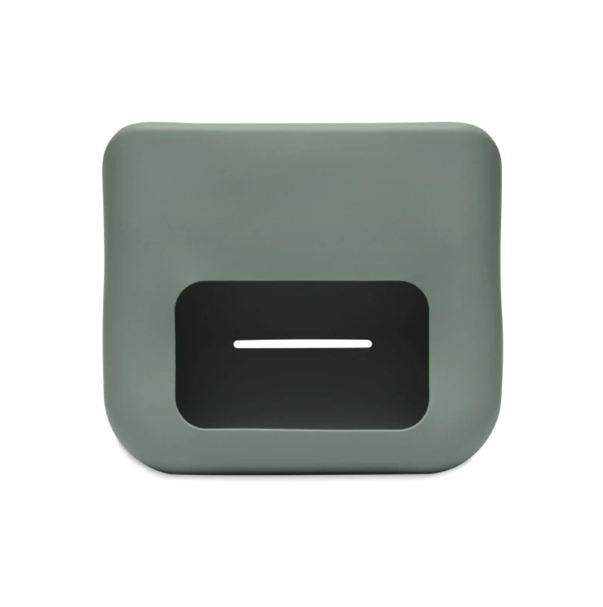 Porta camada de plástico cinzento com recorte preto e ranhura branca interior