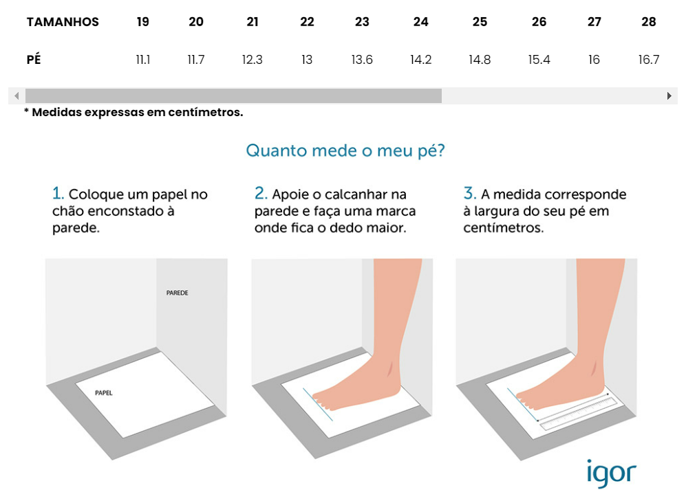 Tabela e instruções para medir o tamanho do pé para calçado