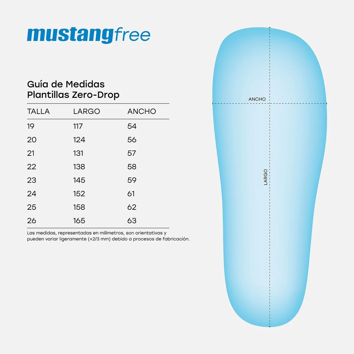 Guia de medidas para plantilhas zero-drop Mustang Free com tabela e desenho azul da plantilha.