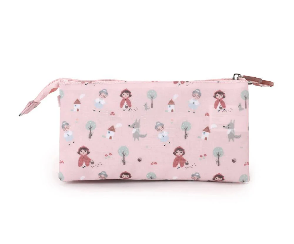 Porta-lápis rosa claro com padrão de desenhos infantis, fecho prateado e puxador tecido