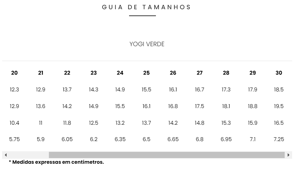 Tabela de tamanhos Yogi Verde com medidas em centímetros para números de 20 a 30