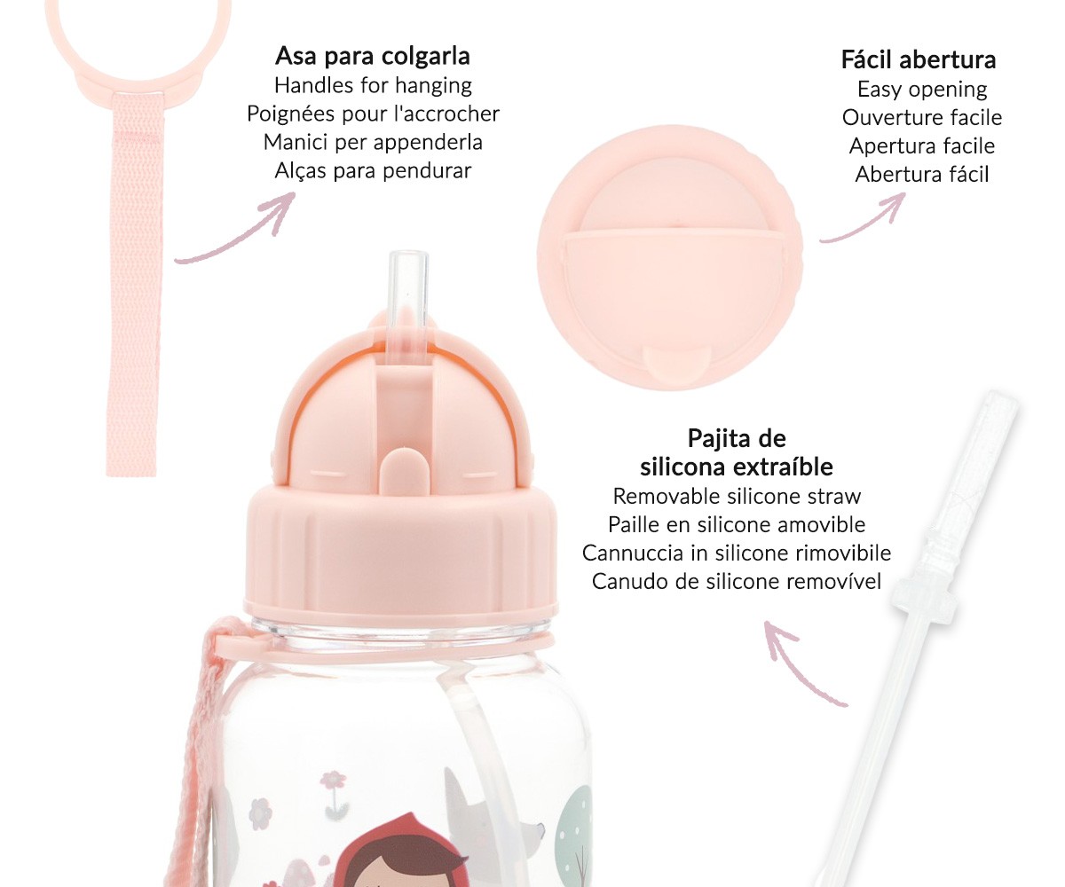 Garrafa plástica transparente com tampa cor-de-rosa e palhinha de silicone