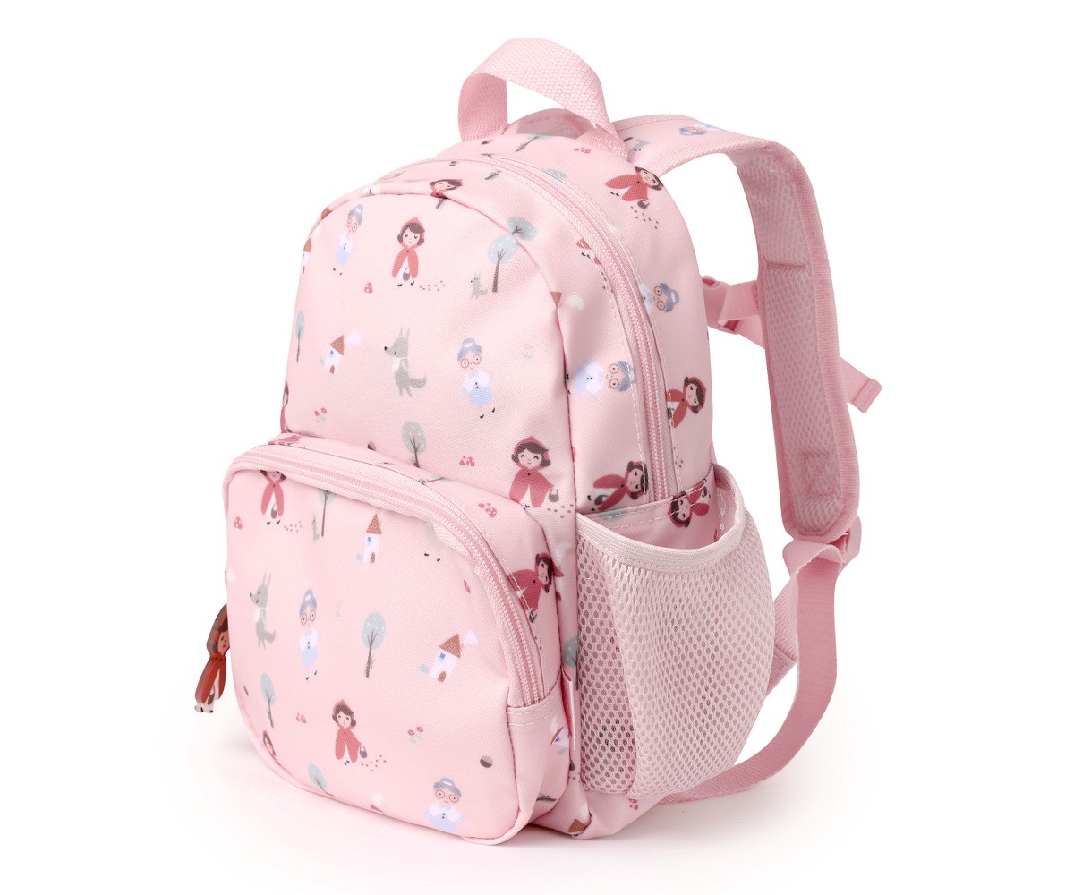 Mochila infantil cor de rosa com estampado de bonecos e bolso frontal
