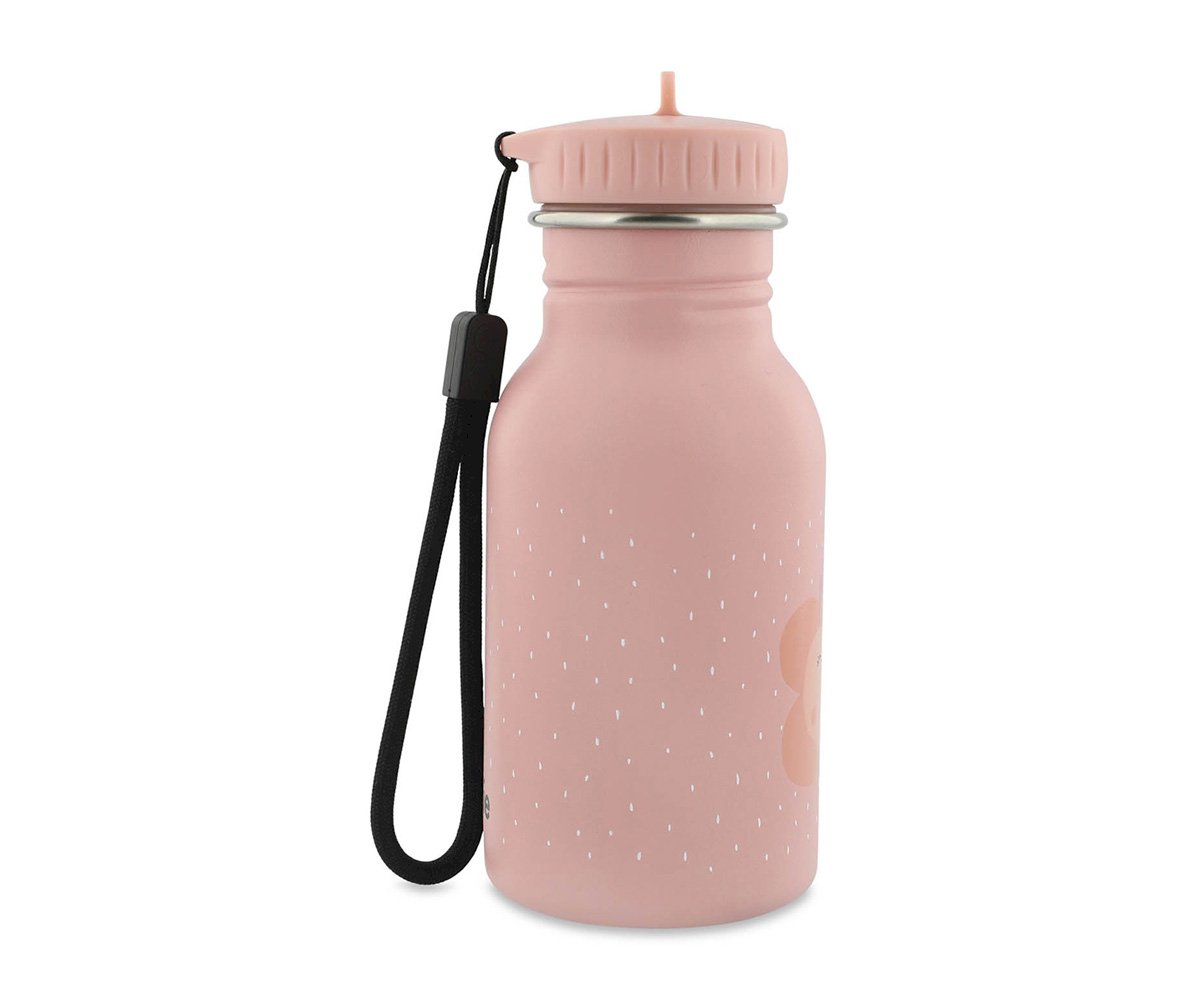 Garrafa de água cor-de-rosa com tampa rosada e pega preta