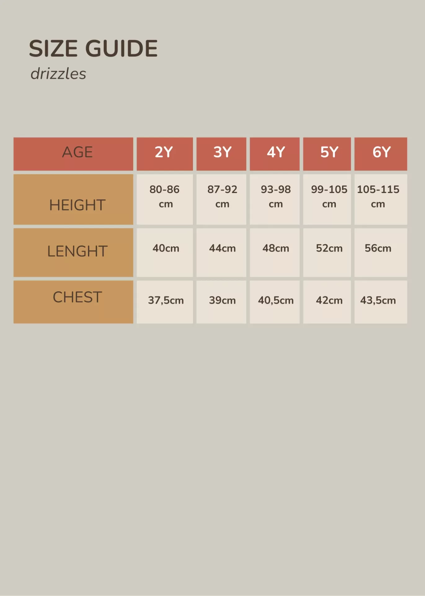 Tabela de guia de tamanhos com medidas de altura, comprimento e peito para idades de 2 a 6 anos.