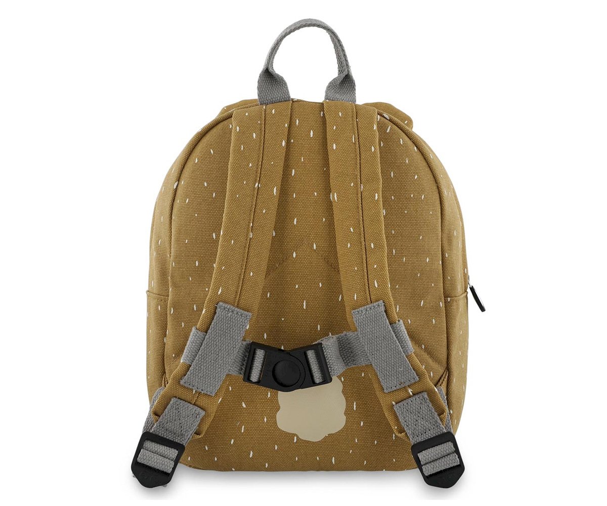 Mochila pequena castanha com padrão branco e alças cinzentas