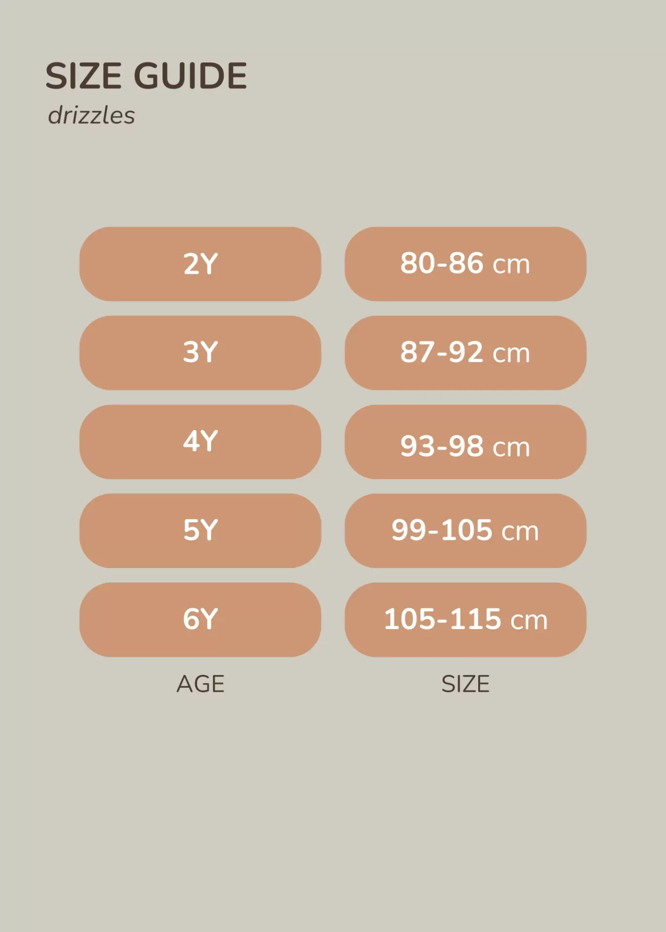 Guia de tamanhos para crianças de 2 a 6 anos da Drizzles