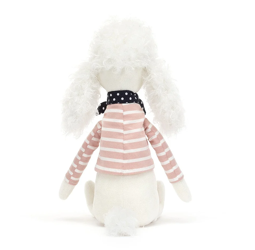 Boneco de peluche poodle branco com casaco rosa e lenço preto
