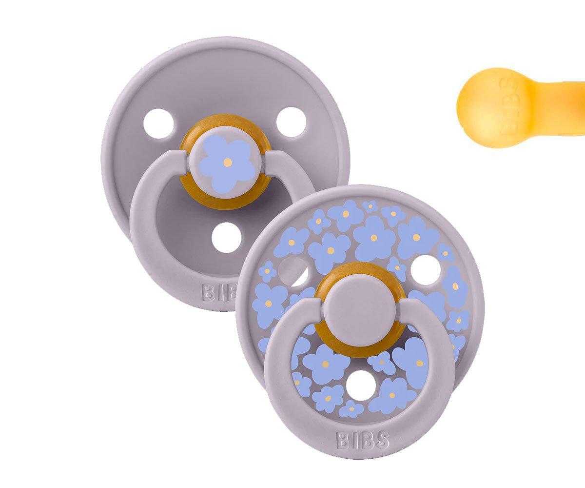 Chupetas BIBS cinza com flores azuis e detalhes amarelos