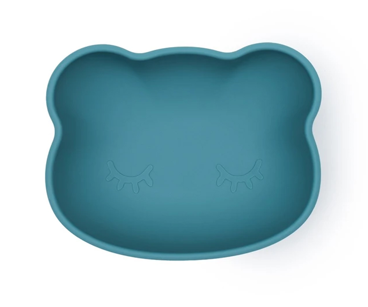 Prato infantil azul em silicone, formato de urso com olhos fechados embutidos