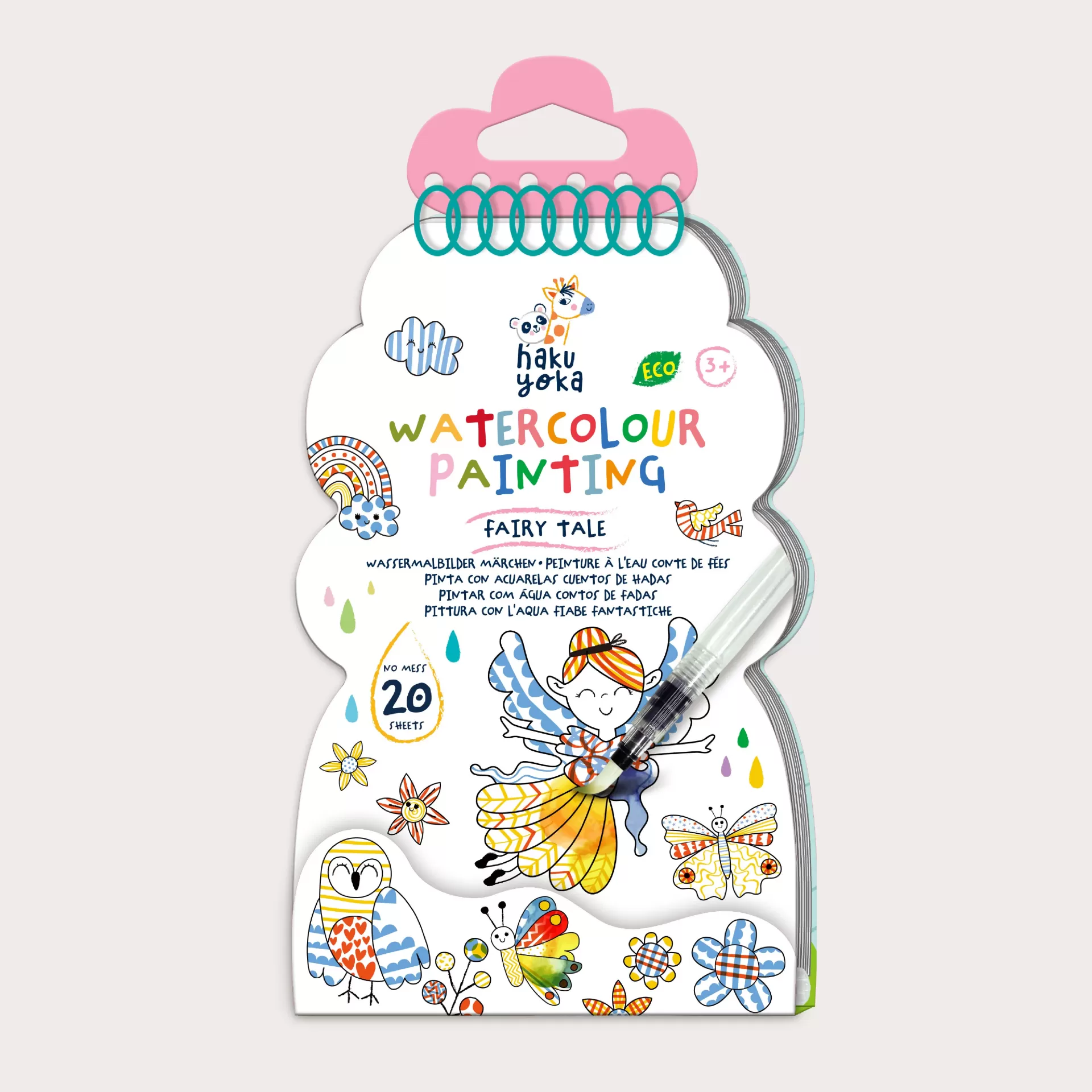 Livro de pintura aquarela infantil Haku Yoka com desenhos de fadas e animais e pincel de água