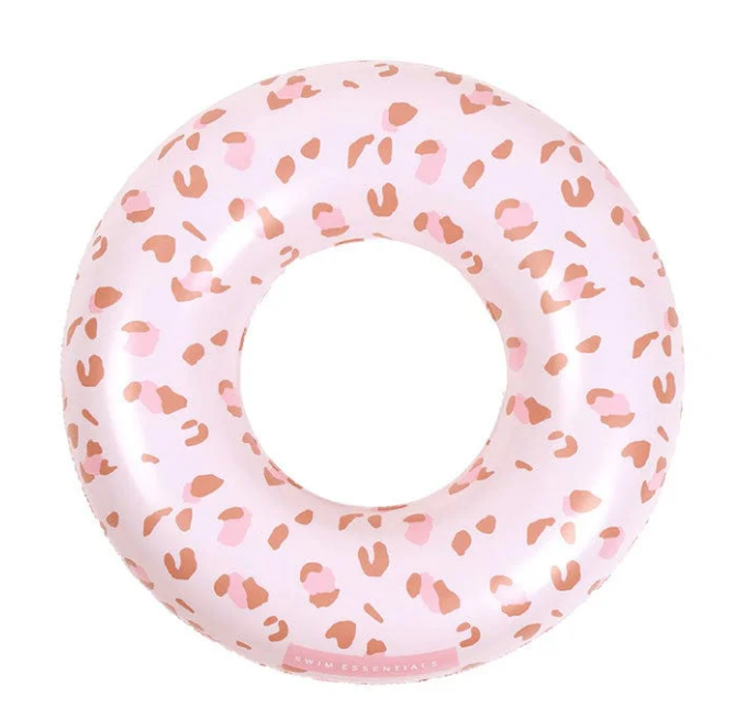 Boia insuflável redonda com padrão de manchas cor-de-rosa e castanhas