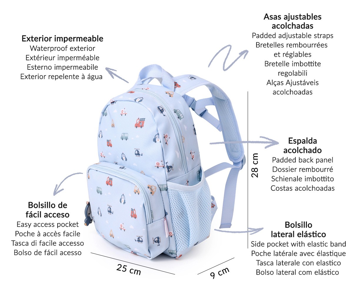 Mochila azul clara impermeável com padrões de veículos e várias características detalhadas
