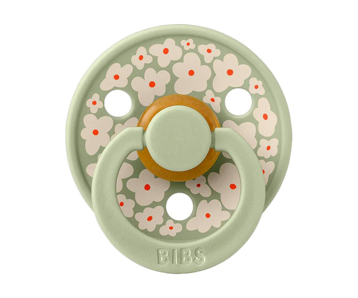 Chupeta de bebé BIBS verde claro com flores brancas e anel