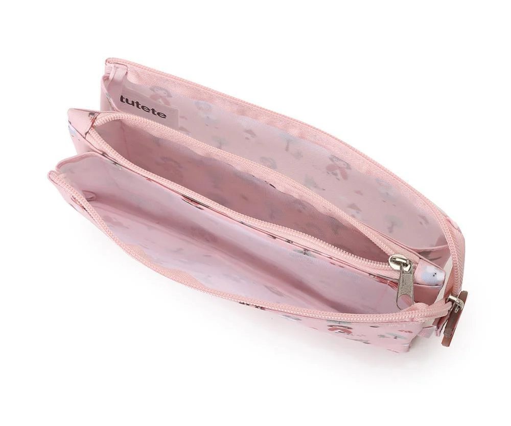 Estojo escolar rosa claro com fecho de correr e compartimentos internos