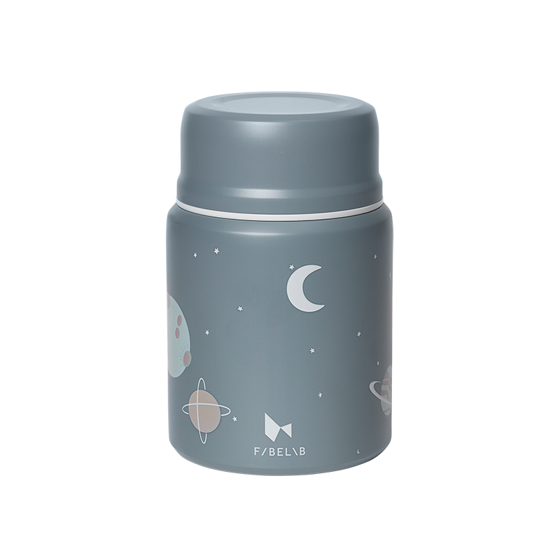 Garrafa térmica cinzenta com desenhos espaciais