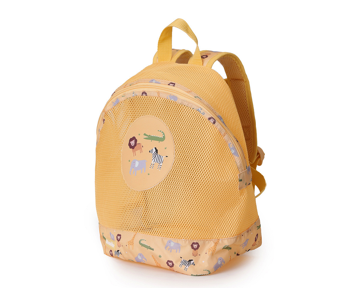 Mochila infantil amarela com padrão de animais selvagens
