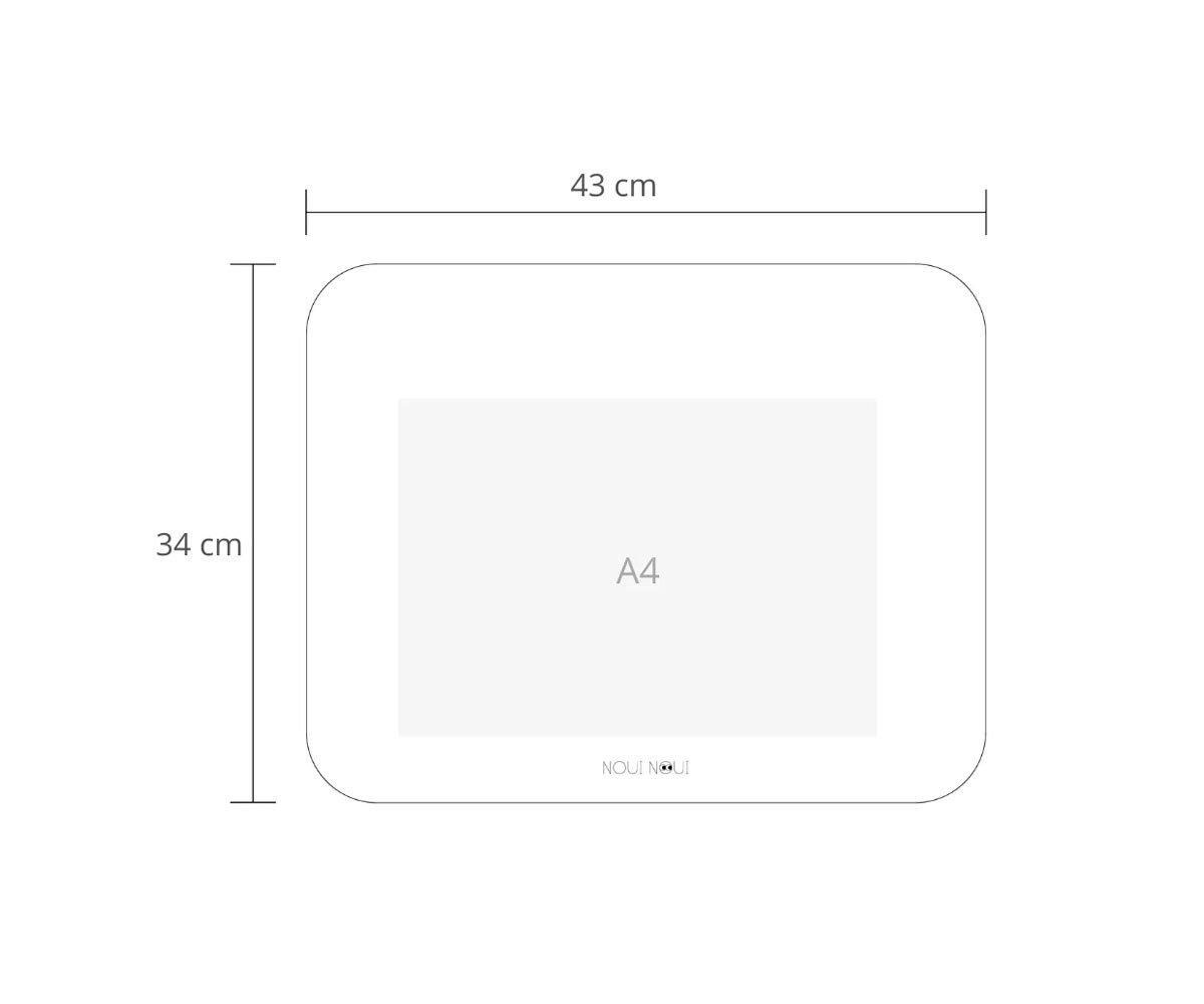Suporte branco retangular com cantos arredondados e indicação A4