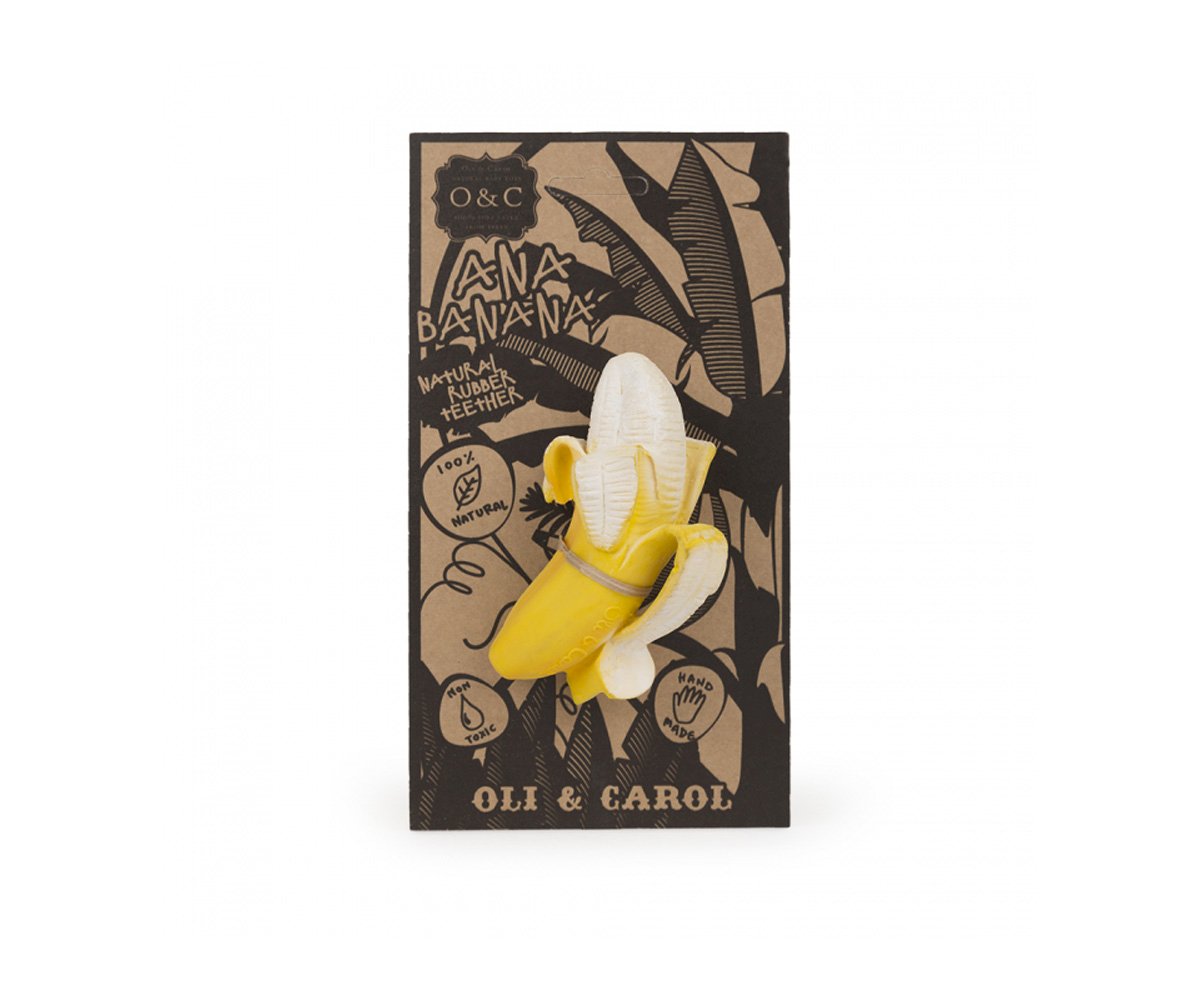 Embalagem castanha com banana amarela 3D e texto ANA BANANA