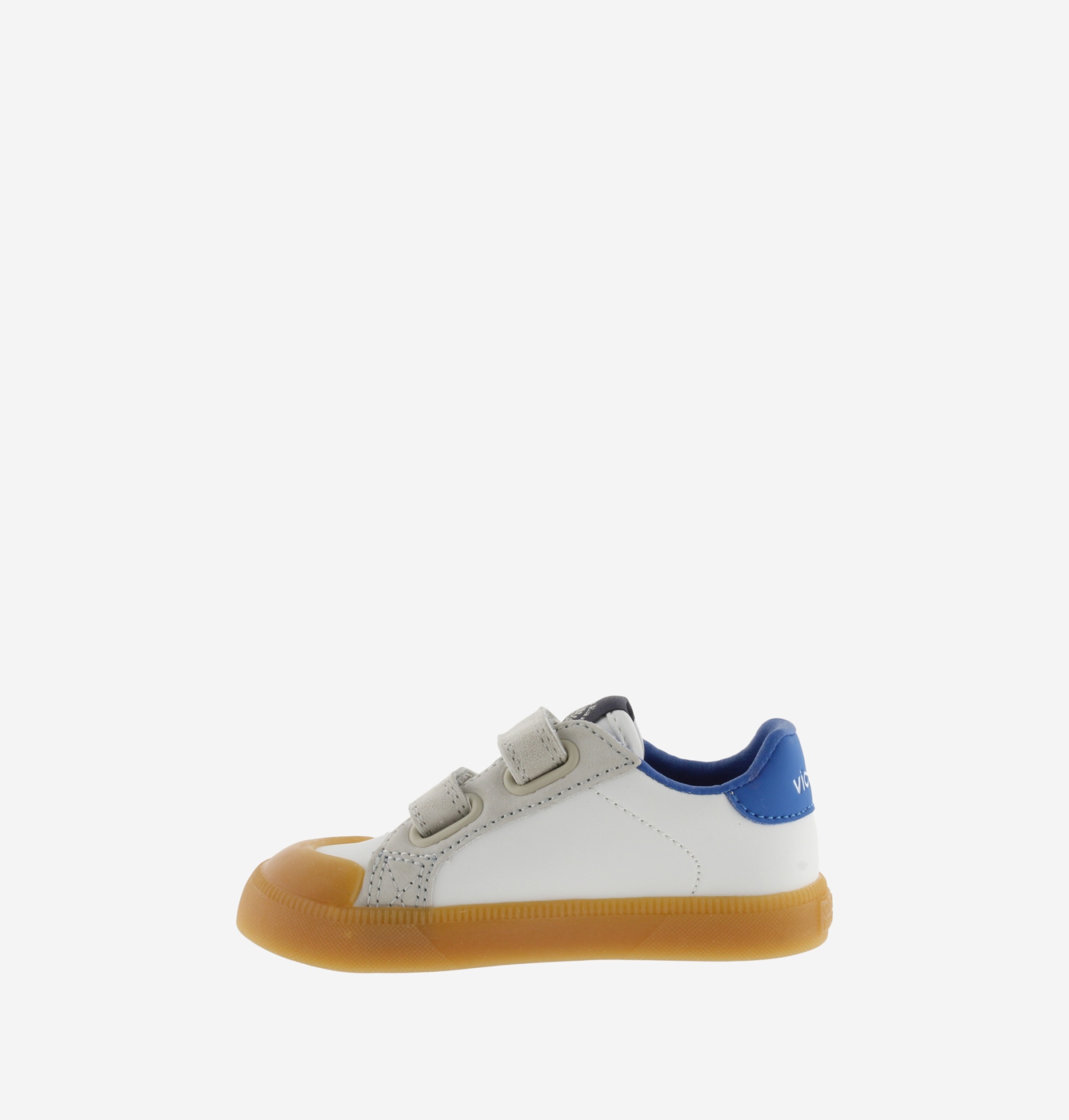Tênis infantil branco com sola castanha e detalhes em azul
