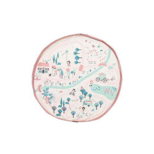 Tapete redondo infantil colorido com ilustrações de cenário em tons pastel
