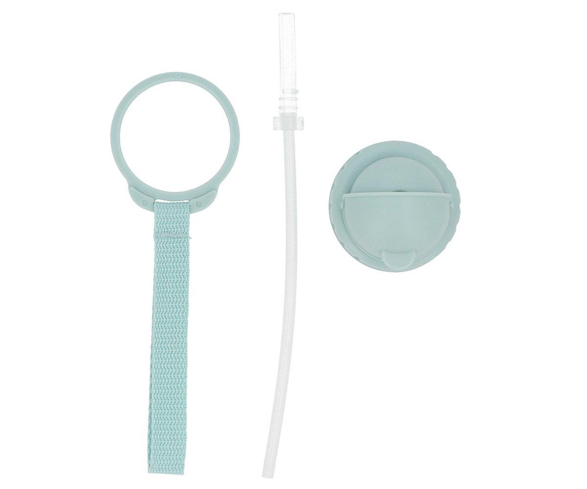 Anel com alça, tubo flexível e tampa redonda azuis claros sobre fundo branco