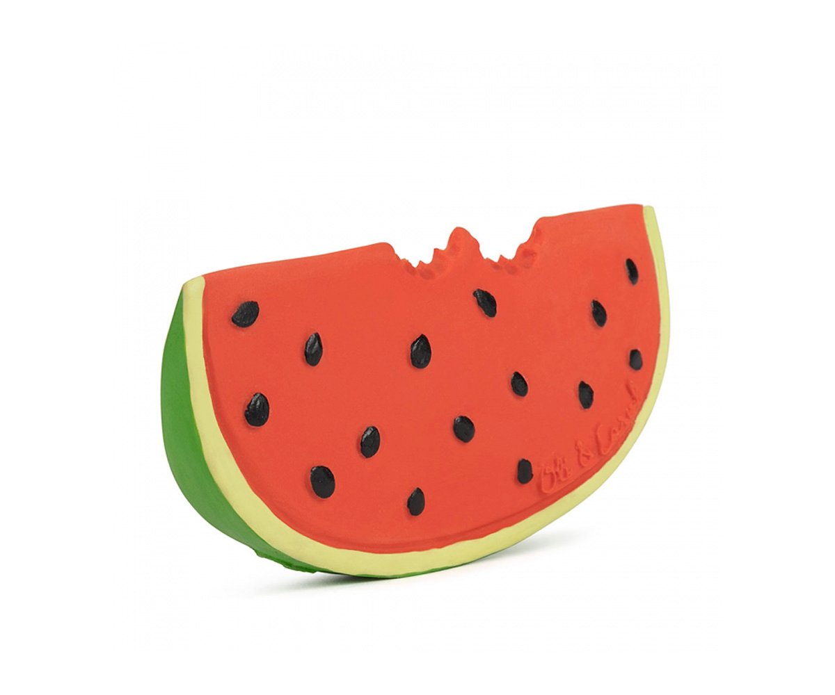 Bolsa em forma de fatia de melancia colorida com sementes pretas e um pedaço mordido