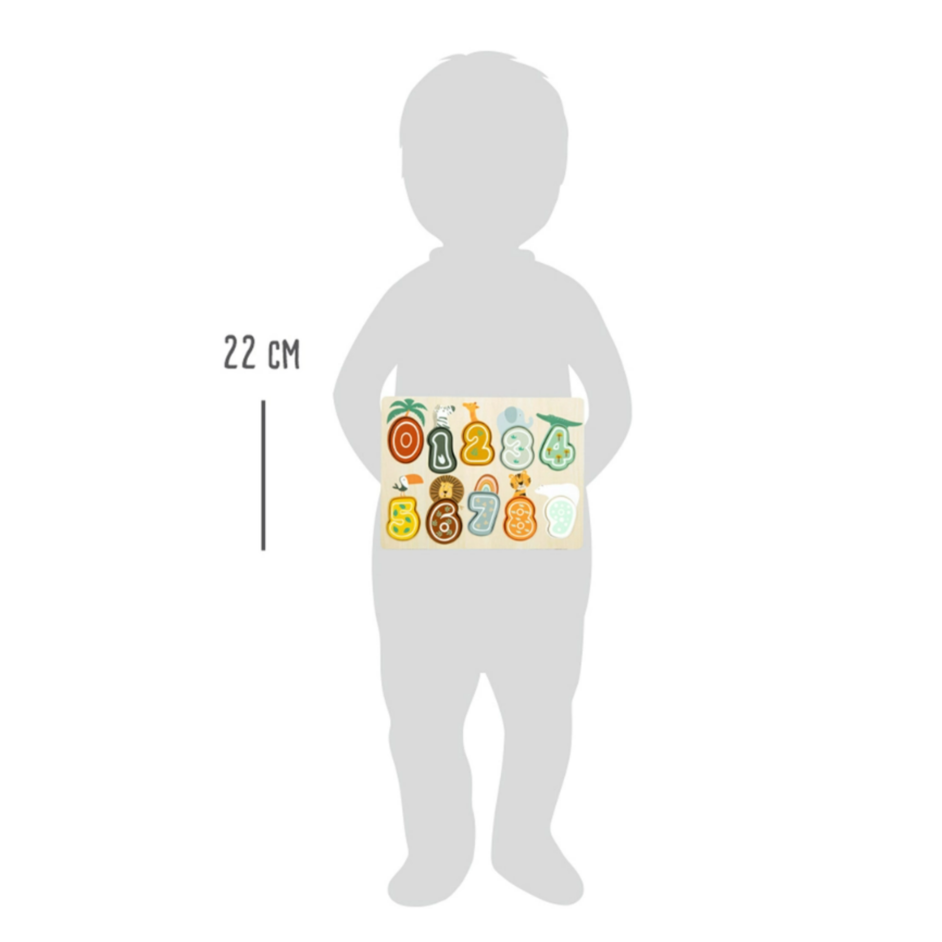 Puzzle numérico de madeira colorido com números de 0 a 9 e desenhos de animais e frutas