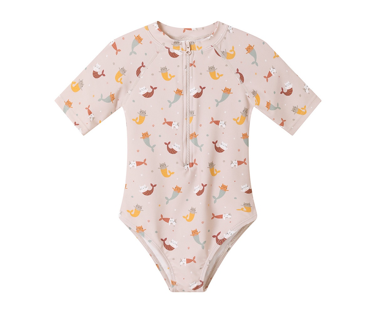 Fato de banho infantil creme com padrão de sereias de gatos e fecho frontal