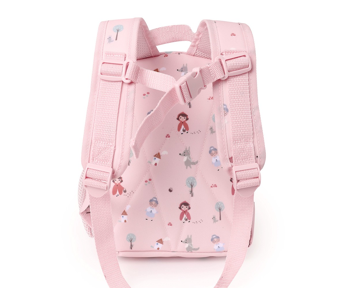 Mochila rosa claro com padrões infantis coloridos