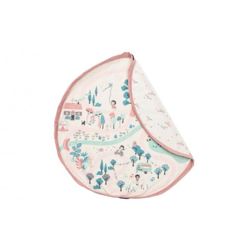 Cobertor redondo para bebé com padrão colorido de casa, árvores e pessoas