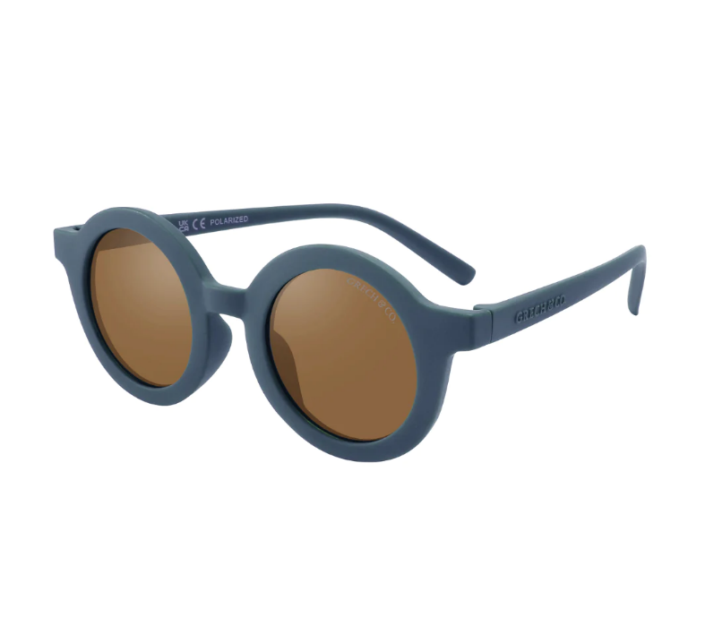 Óculos de sol com armação redonda azul e lentes castanhas polarizadas