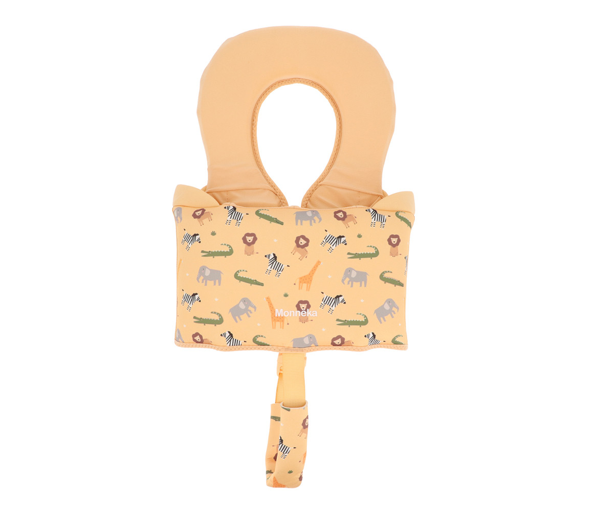 Colete salva-vidas infantil amarelo com estampado animal e marca Monneka