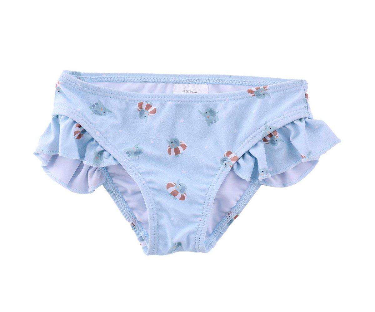 Cueca de criança azul clara com padrão de abelhas e folhos nas laterais