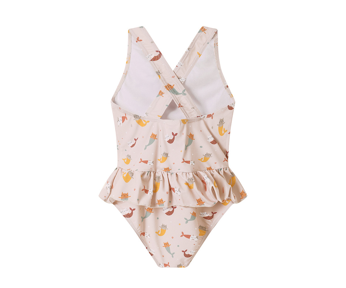 Fato de banho infantil rosa claro com padrão divertido e folho na cintura