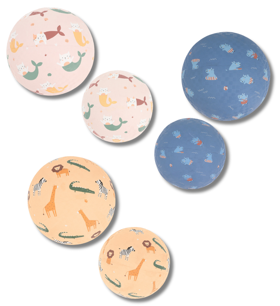 Seis bolas coloridas com desenhos de animais e criaturas fantasiosas em fundo branco