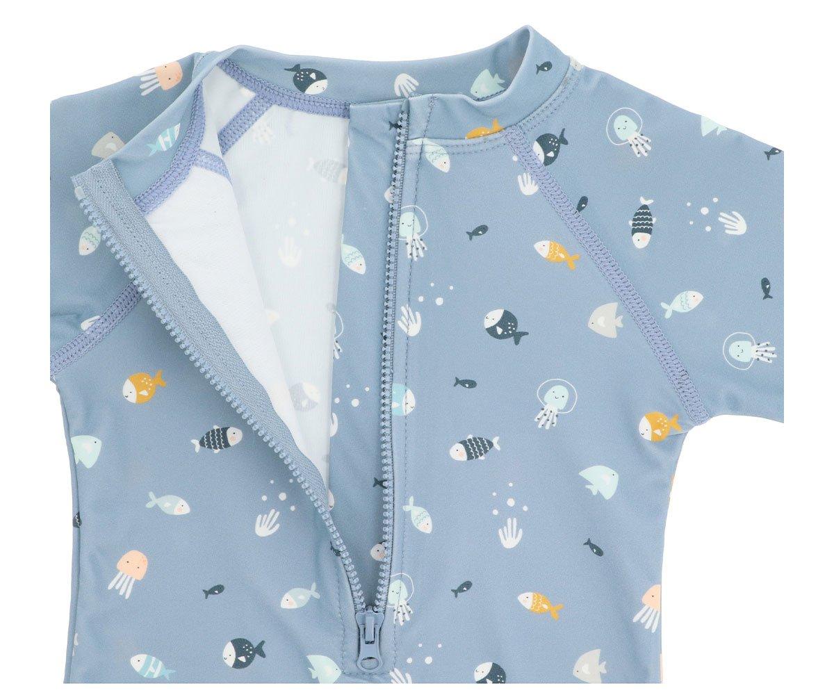 Fato de banho infantil azul com padrão marinho e fecho