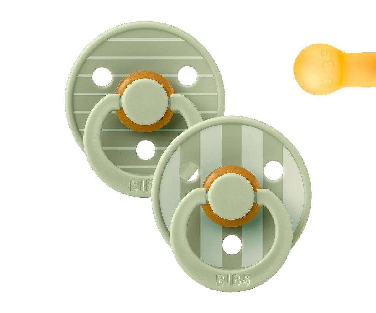 Duas chuchas BIBS verde menta com riscas e detalhes laranja e branco