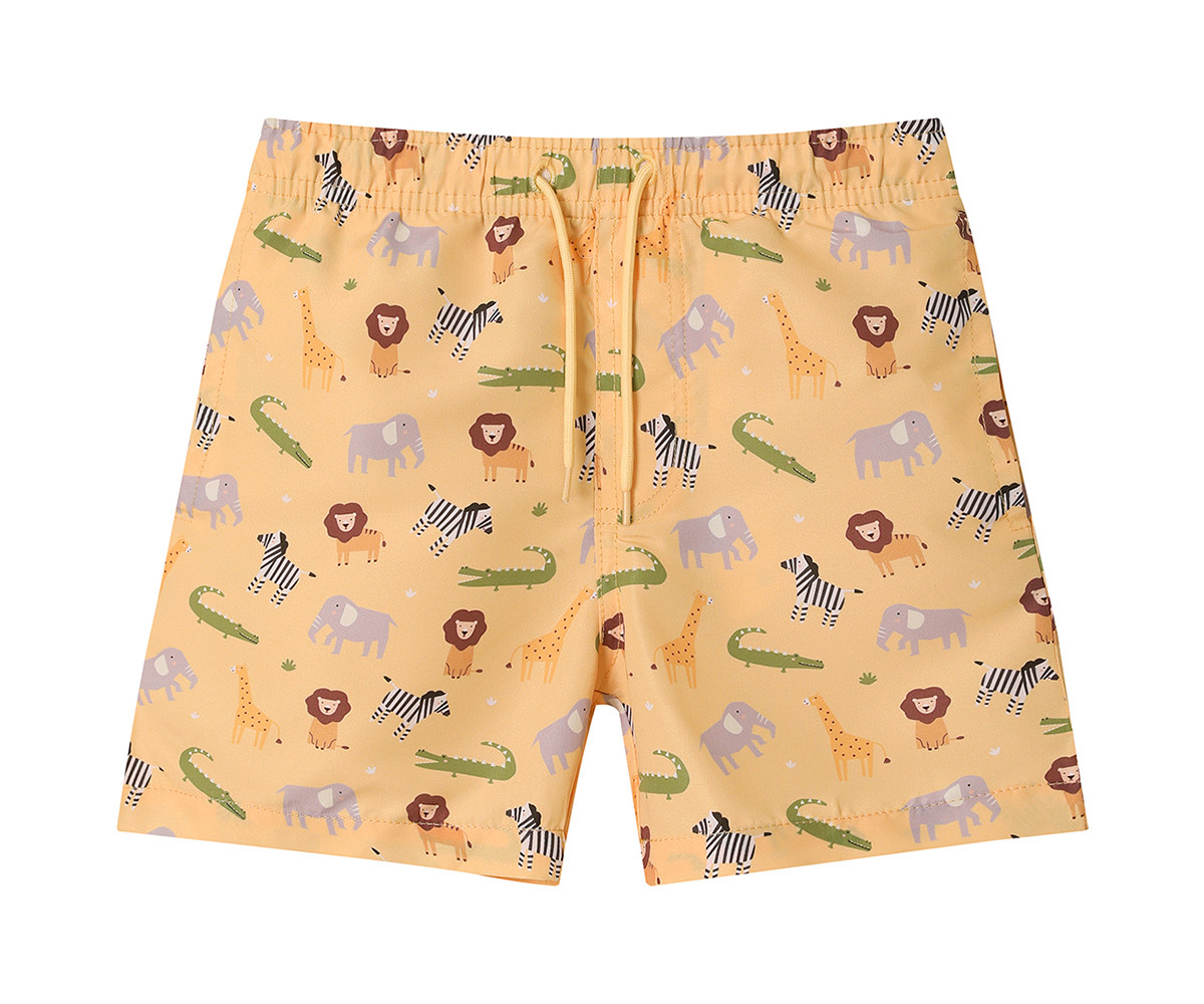 Calções de banho amarelos com padrão de animais selvagens para crianças