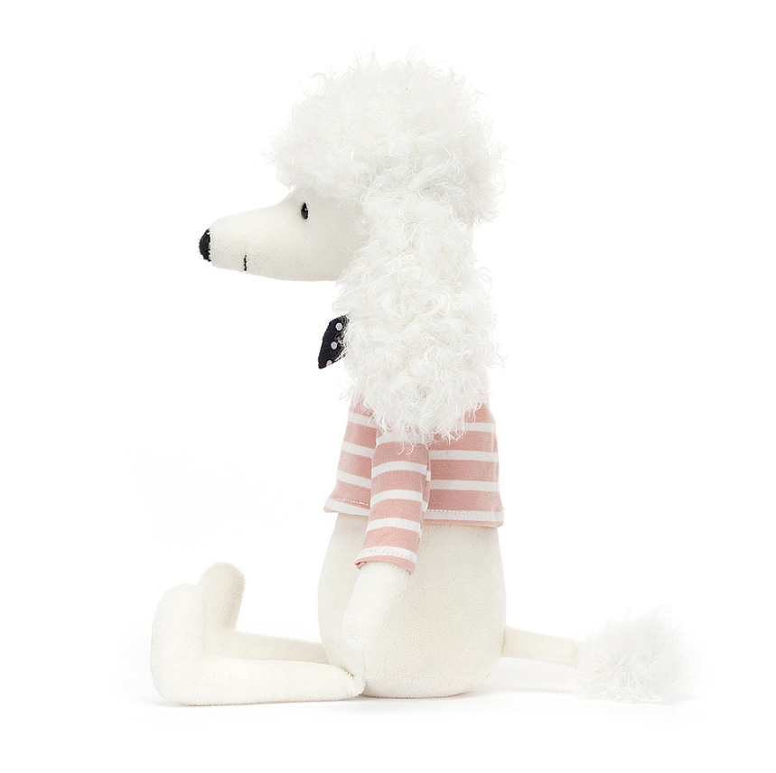 Peluche poodle branco com camisola rosa às riscas e lenço preto sentado