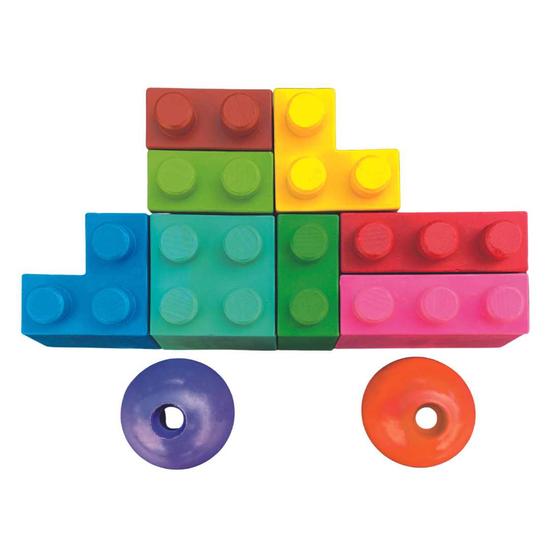 Blocos de construção de plástico coloridos formando carrinho com duas rodas coloridas