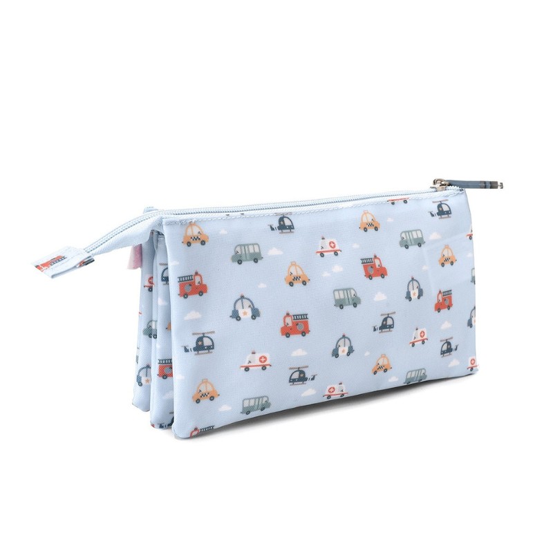 Estojo escolar azul claro com padrão de veículos coloridos