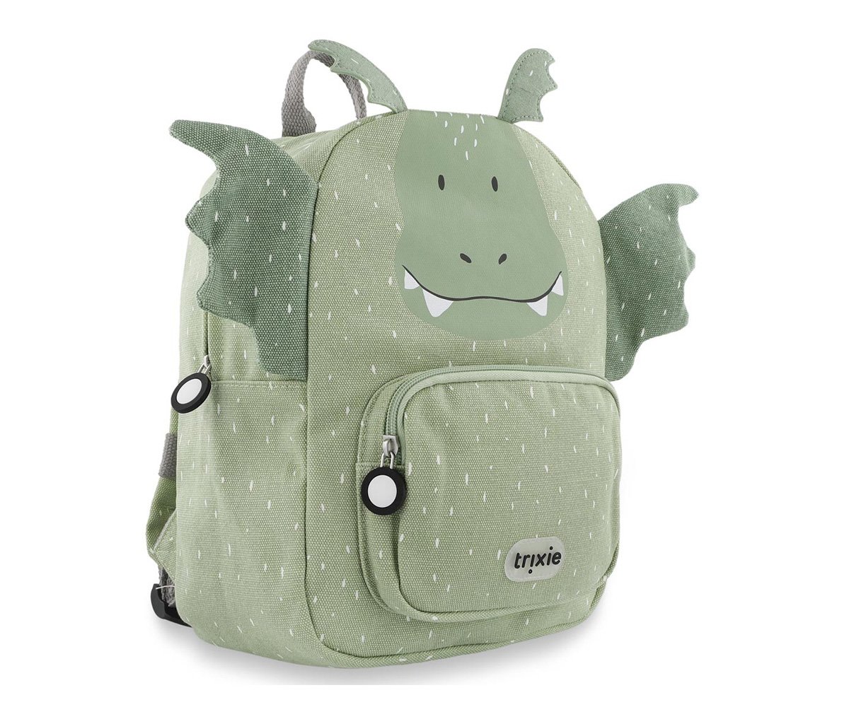 Mochila infantil verde claro em tecido com asas e chifres de dragão