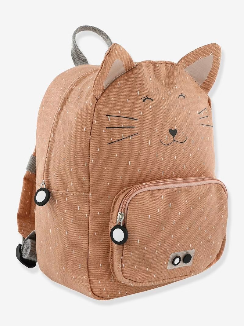 Mochila infantil castanho claro com rosto de gato desenhado e orelhas