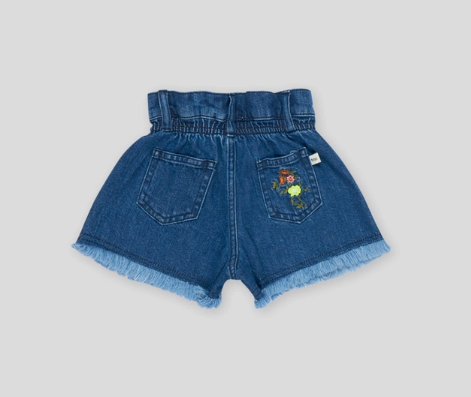 Calções de ganga azul com cintura elástica e bordado colorido