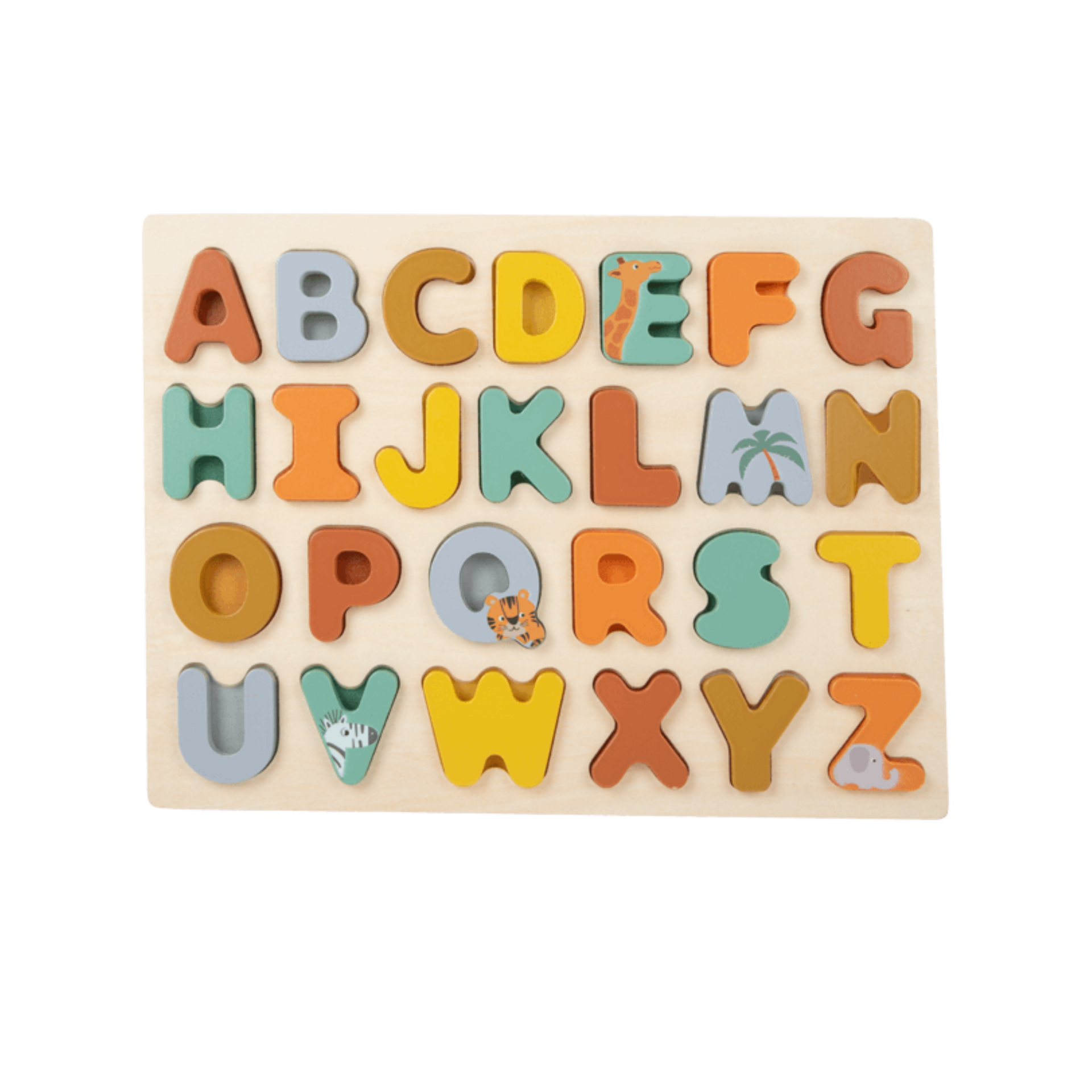 Quebra-cabeças de madeira com letras do alfabeto coloridas