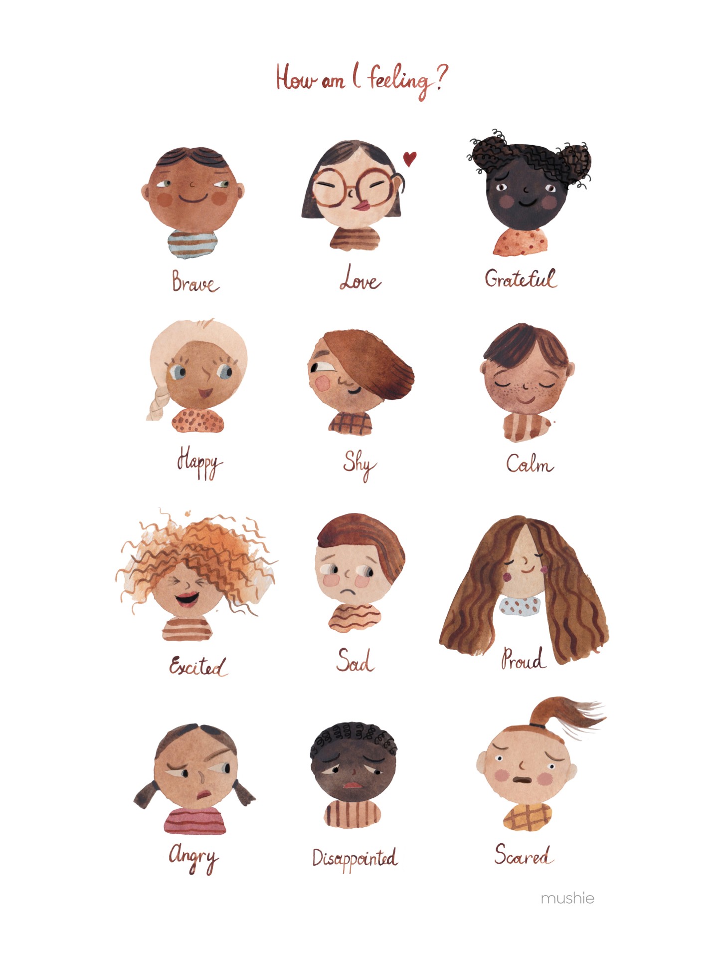 Ilustração educativa de 12 rostos de crianças com diferentes expressões e sentimentos escritos em inglês