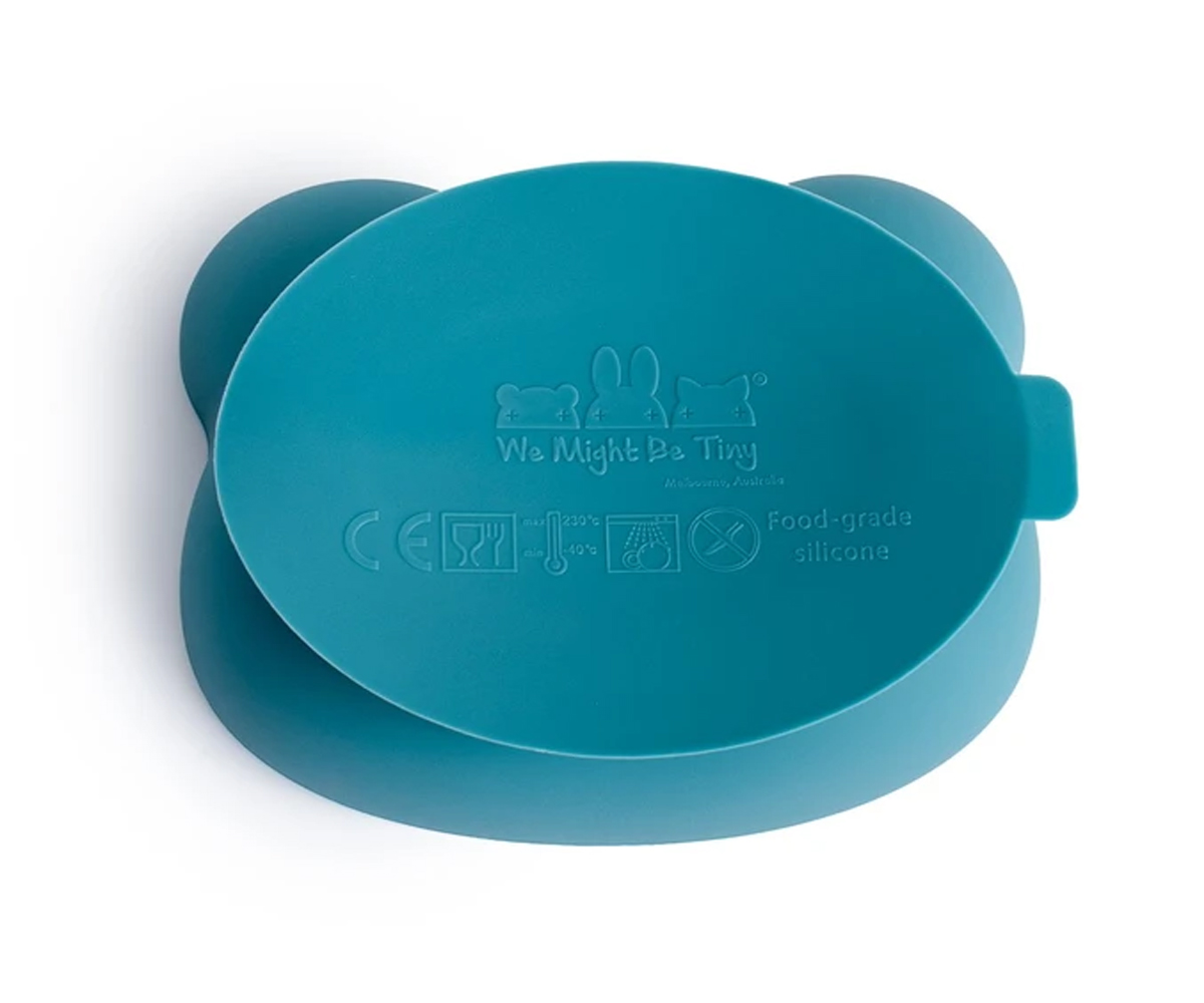 Prato infantil azul turquesa de silicone com inscrições em relevo