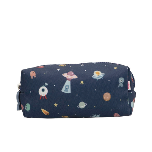 Necessaire azul escuro com padrão espacial colorido e fecho de correr.