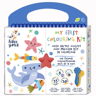 Kit de coloração infantil com tema marinho em embalagem azul e branco com desenhos de animais marinhos